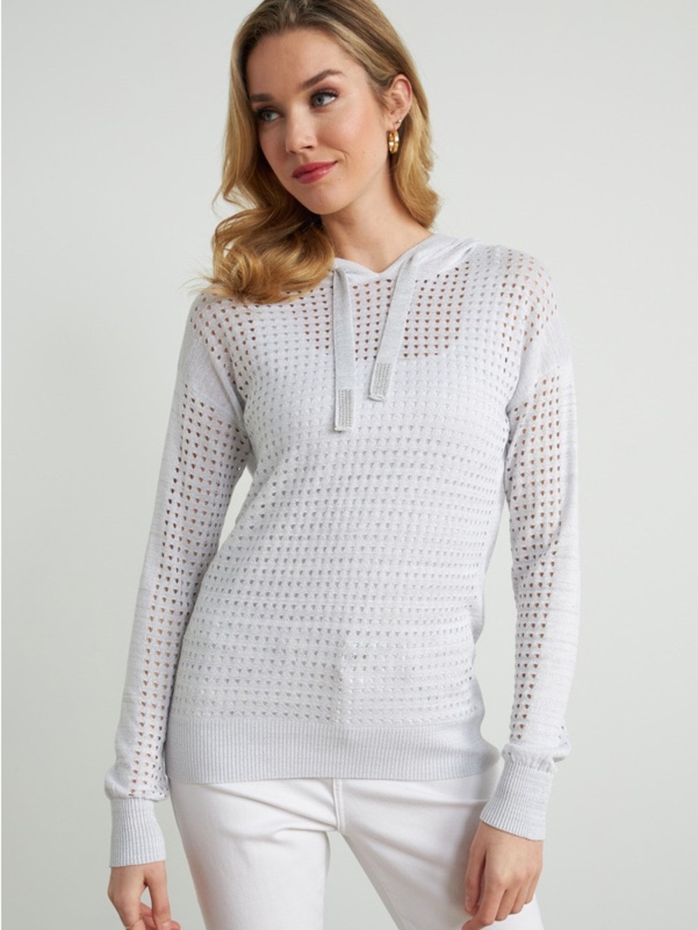 Joseph Ribkoff Light Gray Open-Knit Hooded Sweater
